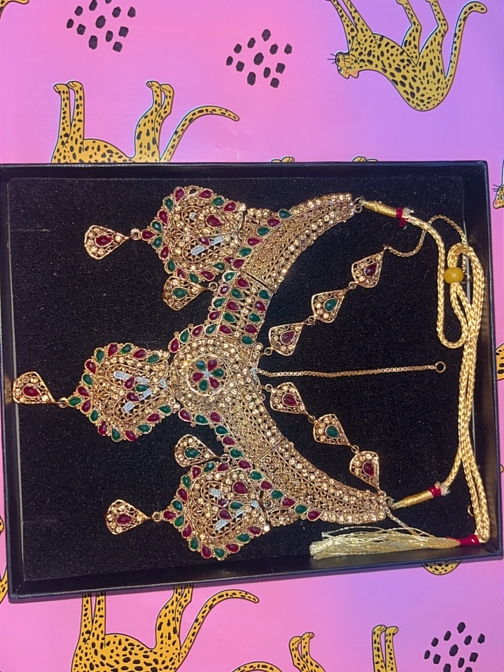 Gold-Tone Women's  Necklace with Red and Green Stones